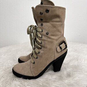 Aldo Beige Green Lace Up Heeled Ankle Boots Canvas Foldover Size 39 EU 8.5 US